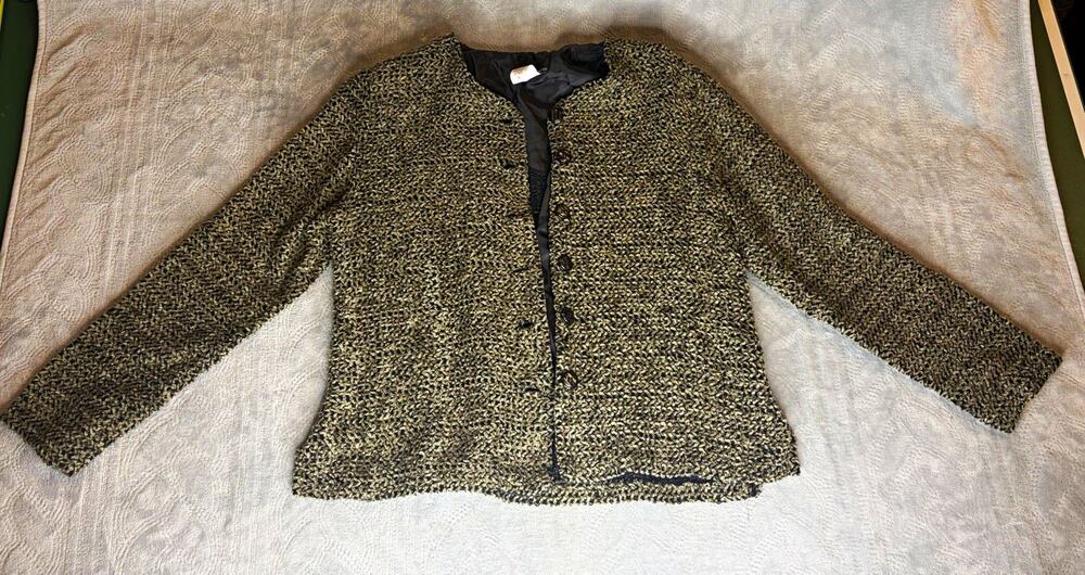 Vintage 90s First Option Womens Size 10 Knit Boucle Jacket Cardigan Black Gold